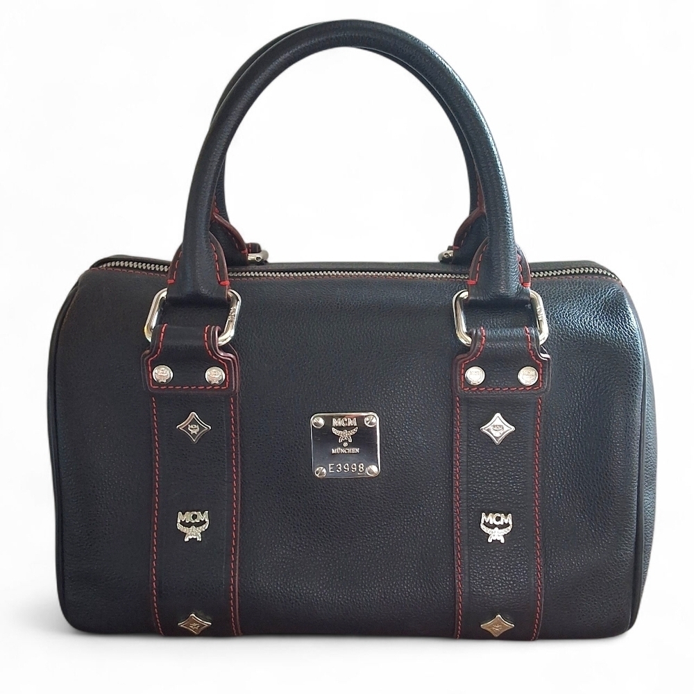 MCM München Black Leather Boston Satchel Bag with Red Trim